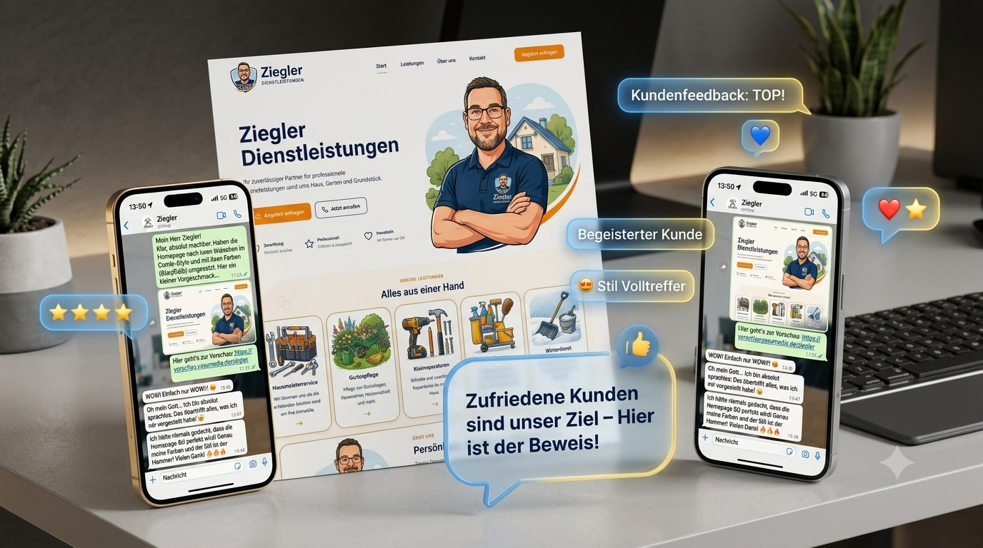 Kundenreferenz: Website-Konzept für Ziegler Dienstleistungen mit begeisterten Kundenreaktionen